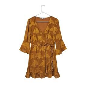 Allison & Kelly Gold/Orange Floral Ruffled Wrap Mini Dress Women Size Medium
